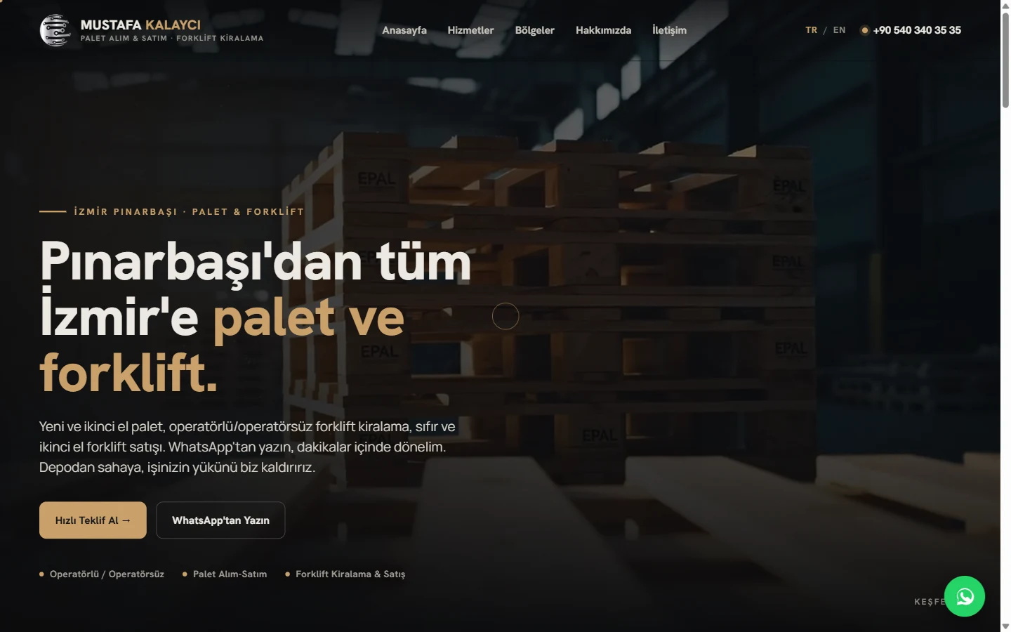 Mustafa Kalaycı palet & forklift web sitesi, video arka planlı açılış ekranı